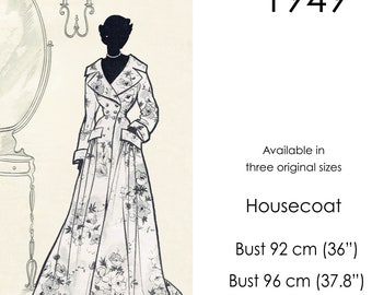 Housecoat pattern, 1940s long robe pattern with wide collar, double-breasted front and pockets. Vintage bust sizes: 92 - 100 cm (36"- 39")