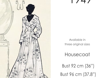 Housecoat pattern, 1940s long robe pattern with wide collar, double-breasted front and pockets. Vintage bust sizes: 92 - 100 cm (36&quot;- 39&quot;)