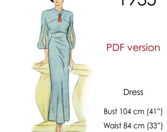 1930s Dress pattern, original vintage size for bust 104 cm (41"),with long split sleeves, front yoke and slim skirt
