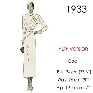 1930s Coat pattern, Long coat featuring Art Deco curved piped details and styling. Original vintage size for bust: 96 cm (38&quot;)