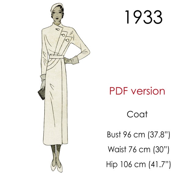 1930s Long coat pattern. Curved piping detail. Original vintage size: bust 96 cm (38")