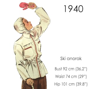 Patrón de anorak de esquí de los años 40. Cremallera frontal y capucha desmontable. Talla original vintage: 92 cm de pecho (36,2").