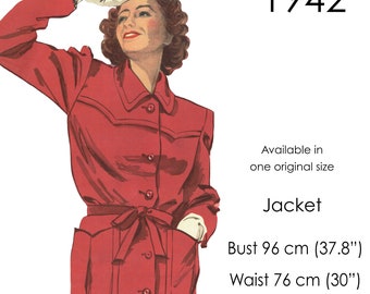 1940s Jacket pattern. Jacket with yoke styling and pockets. Original vintage size for bust 96 cm / 37"-38"