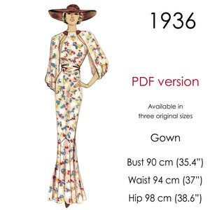 1930s long gown pattern with cape-sleeves, round neckline and a slim skirt with godets. Original vintage sizes for busts: 90-98 cm/ 35"-39"