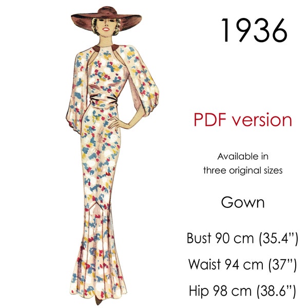 1930s long gown pattern with cape-sleeves, round neckline and a slim skirt with godets. Original vintage sizes for busts: 90-98 cm/ 35"-39"