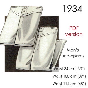 1930s Men's underpants, long-johns. With long and short leg versions, in three original waist sizes 84 cm (~33") to 114 cm (~45")