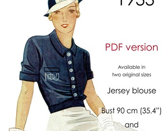 1930s Jersey Blouse Pattern: Short Sleeve Vintage Style (PDF Pattern, Sizes 35" and 40")