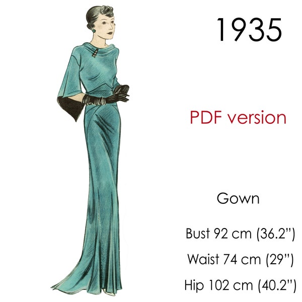 1930s long gown pattern, with long sleeves, cowl-neckline and bias-cut skirts. Original vintage size for bust 92 cm (36")
