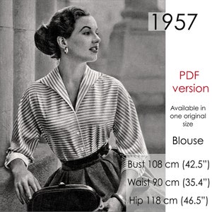 1950s Blouse sewing pattern, with roll collar, fitted waist and long sleeves. Original vintage bust size 108 cm/ 42"- 43"