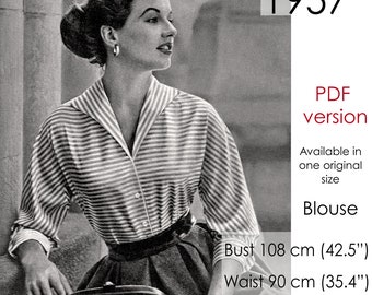 1950s Blouse sewing pattern, with roll collar, fitted waist and long sleeves. Original vintage bust size 108 cm/ 42"- 43"