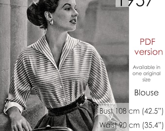 1950s Blouse sewing pattern, with roll collar, fitted waist and long  Original vintage size for bust 108 cm (42