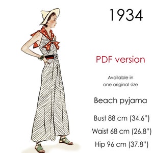 Modèle de pyjama de plage de 1934. Taille originale vintage pour un buste de 88 cm (34,6"). Pantalon large et dos bas en V