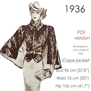 1930s Jacket pattern with cape. Short jacket with collar and cape. Original vintage size 96 cm (37&quot;- 38&quot;) bust.
