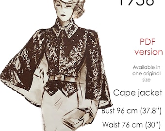 1930s Jacket pattern with cape. Short jacket with collar and cape. Original vintage size 96 cm/ 37"- 38" bust.