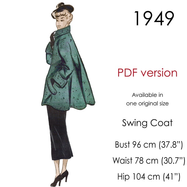1940s Swing coat pattern, with wide cuffs and stand-up collar. Original vintage size for bust 96 cm (37" - 38")