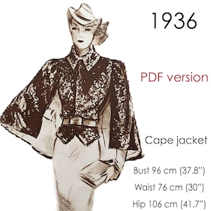 1930s Jacket pattern with cape. Short jacket with collar and cape. Original vintage size 96 cm (37"- 38") bust.