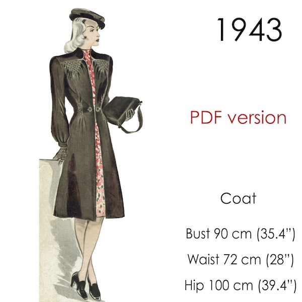 1940s coat pattern. Original vintage size for bust: 90 cm (35" - 36"). A collarless coat, three-quarter length with smocking details.