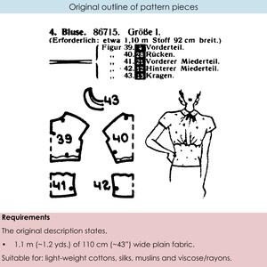 May include: A black and white line drawing of a blouse sewing pattern. The pattern includes pieces for the front, back, and sleeves. The pattern is labeled with numbers and instructions for sewing. The text in the image reads: "4. Bluse. 86715. Gr&ouml;&szlig;e 1. (Erforderlich: etwa 1,10 m Stoff 92 cm breit.) Figur 39. Vorderteil. 40. 28 R&uuml;cken. 41. 21 Vorderer Miederteil. 42. 12 Hinterer Miederteil. 43. 15 Kragen."
