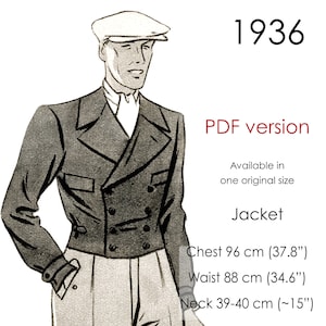 1936 Men's short jacket pattern, double breasted coat pattern. Original vintage chest size 96 cm (37" - 38")