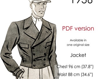 1936 Men's short jacket pattern, double breasted coat pattern. Original vintage chest size 96 cm/ 37" - 38"