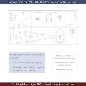 May include: A digital PDF pattern for a swimsuit, featuring numbered pattern pieces and instructions. The pattern includes approximately 12 A4 or US-Letter printed pages and an A0 format sheet (84.1 x 118.9 cm). The image also includes text about printing options.