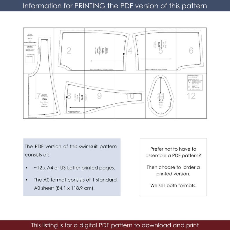 May include: A digital PDF pattern for a swimsuit, featuring numbered pattern pieces and instructions. The pattern includes approximately 12 A4 or US-Letter printed pages and an A0 format sheet (84.1 x 118.9 cm). The image also includes text about printing options.