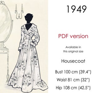 Housecoat robe pattern. 1940s long robe pattern with wide collar, double-breasted button front & pockets. Vintage size 100 cm/39" - 40" bust