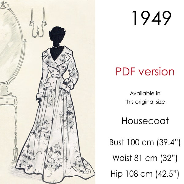 1940s Housecoat sewing pattern. Long Robe, Double-Breasted. Original size: bust 100 cm (39"- 40")