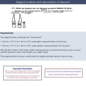 May include: Vintage sewing pattern with German text and illustrations. Includes fabric estimates for wool tricot, with measurements in inches and centimeters. The pattern is a copy of an original vintage pattern.