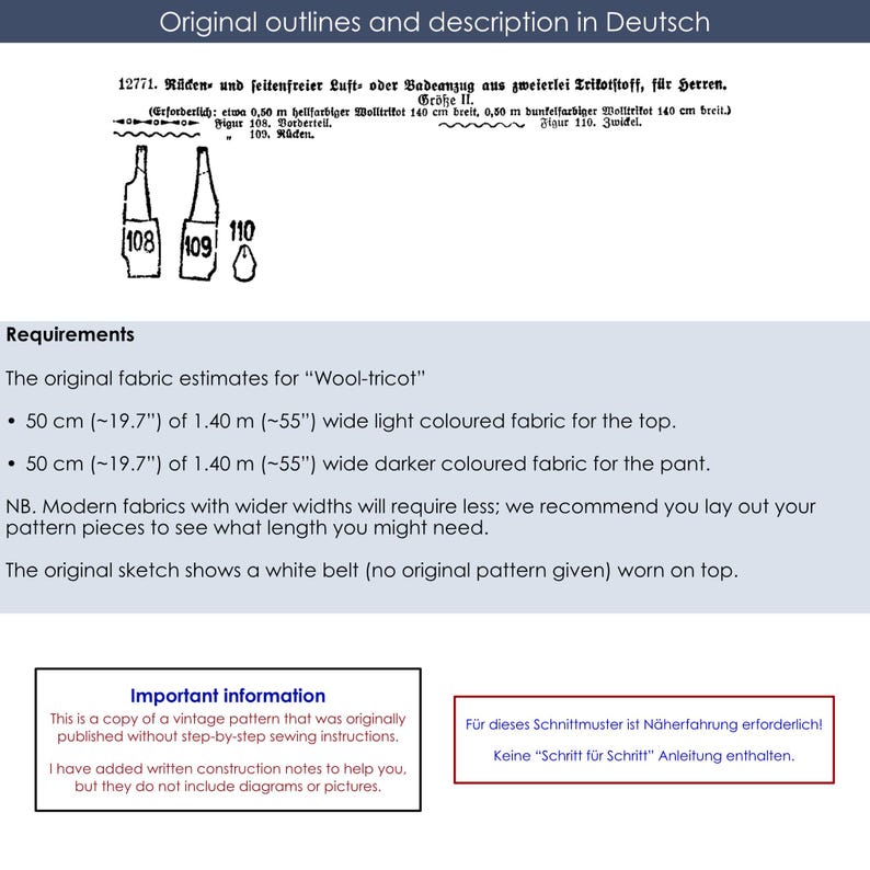 May include: Vintage sewing pattern with German text and illustrations. Includes fabric estimates for wool tricot, with measurements in inches and centimeters. The pattern is a copy of an original vintage pattern.