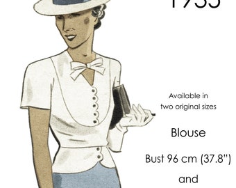 1930s Blouse pattern with V-neck, button front, cut-on sleeves and peplum. Original vintage sizes for bust: 96 cm (37.8") or 88 cm (34.6")