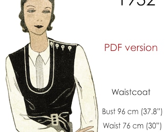 1932 Waistcoat pattern, with scooped neckline and shoulder buttons. Original vintage size for bust 96 cm /37" - 38"