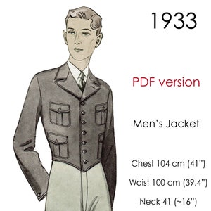 May include: A vintage illustration of a men's jacket from 1933. The jacket is gray with a double-breasted closure and two large flap pockets. The illustration includes measurements for chest, waist, and neck in both inches and centimeters.
