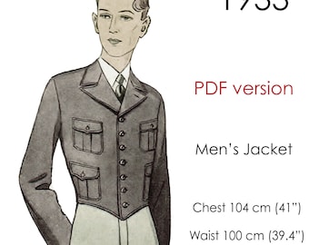 1930s Men&#39;s jacket pattern, with notched collar, seven buttons and patch pockets. Original vintage size chest 104 cm (41&quot;)