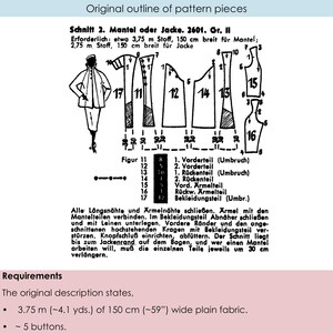 May include: A vintage sewing pattern diagram with the title "Original outline of pattern pieces." The diagram includes illustrations of pattern pieces, measurements, and text in German. The pattern requires approximately 4.1 yards of 59-inch wide fabric and 5 buttons.