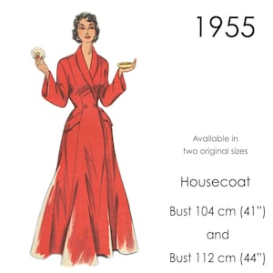 May include: A red housecoat with a shawl collar and a double breasted closure. The housecoat is available in two sizes: bust 104 cm or bust 112 cm.