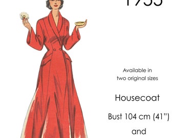 1950s Housecoat robe pattern with shawl collar and double-breasted button front. Original vintage bust size  104 cm or 112 cm / 41" or 44"