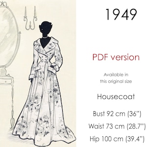 Housecoat robe pattern. 1940s long robe pattern with wide collar, double-breasted button front & pockets. Vintage size 92 cm/ 36" bust