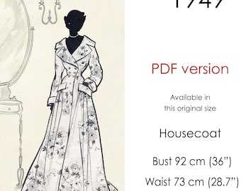 Housecoat robe pattern. 1940s long robe pattern with wide collar, double-breasted button front & pockets. Vintage size 92 cm (36&quot;) bust