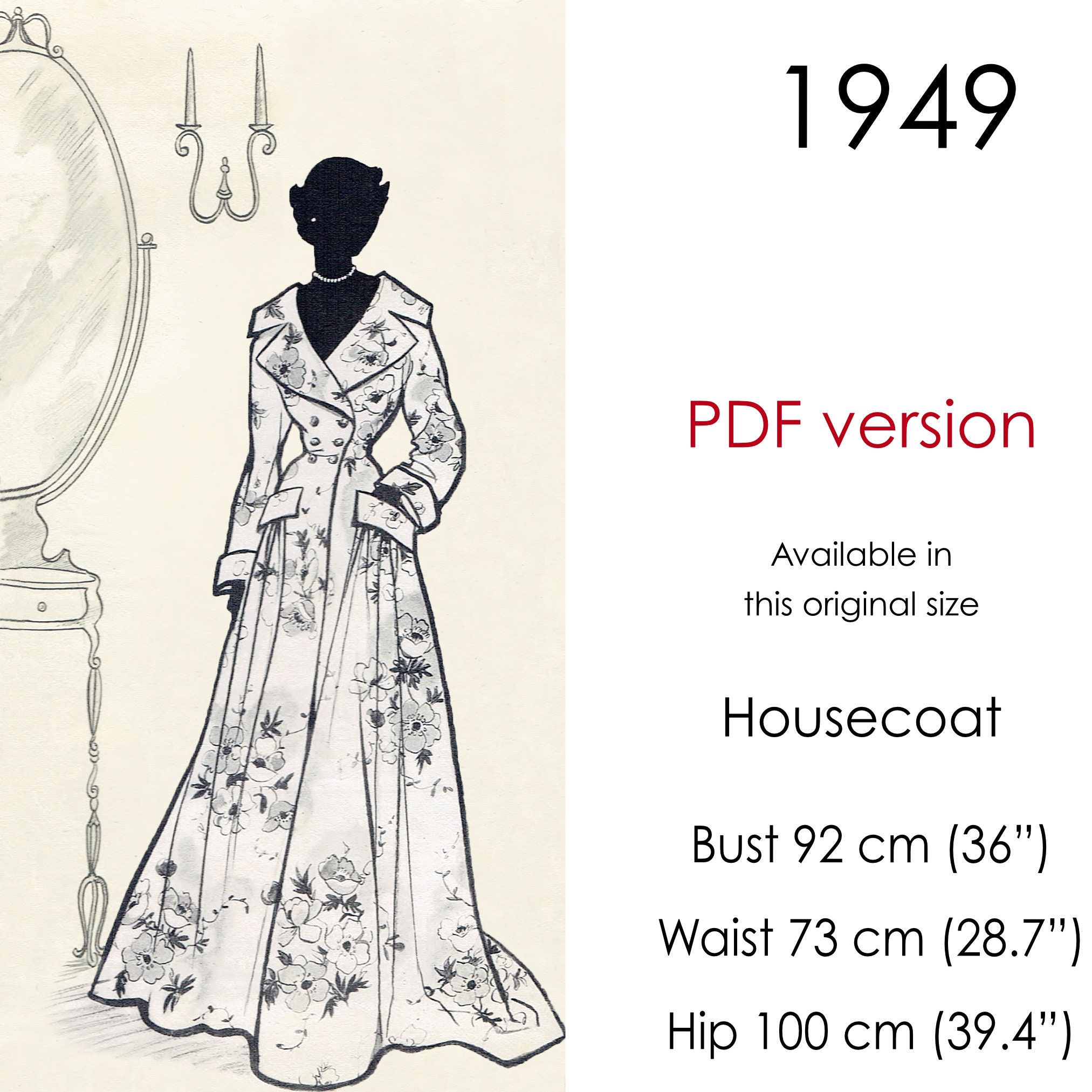 Housecoat Robe Pattern. 1940s Long Robe Pattern With Wide Collar