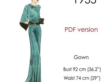 1930s long gown pattern with long sleeves, cowl-neckline and bias-cut skirts. Original vintage size for bust 92 cm (36")