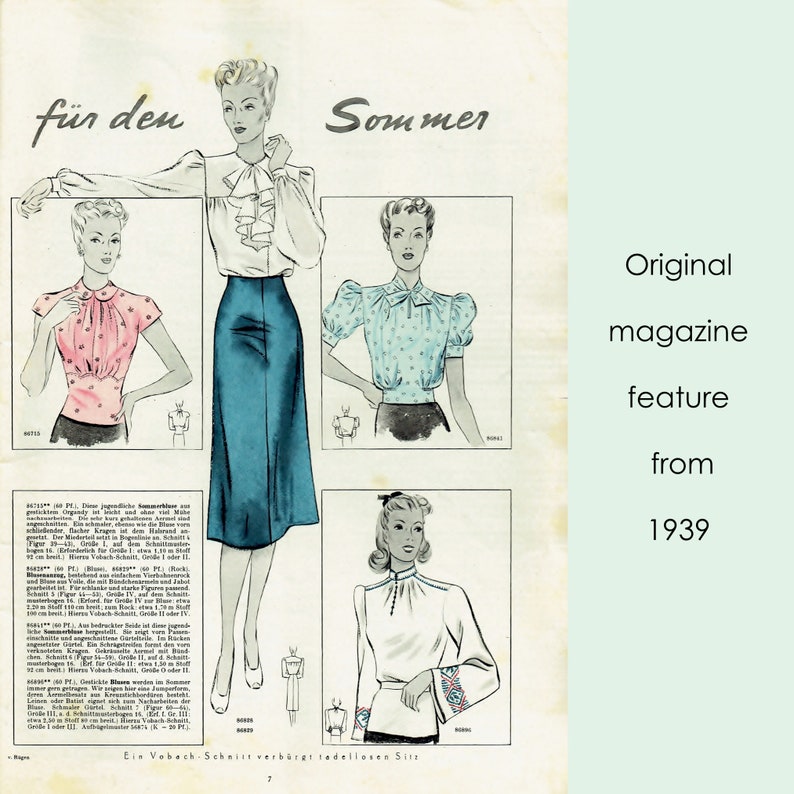 May include: A vintage magazine page featuring fashion illustrations from 1939. The page is titled "f&uuml;r den Sommer" and shows three women wearing different styles of blouses and skirts. The text on the page is in German.