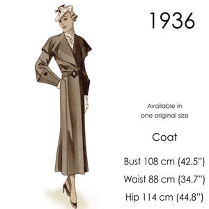 1930s Coat pattern. A long coat with wide collar and top-stitched buttoned cuffs. Original vintage size for bust 108 cm/ 42.5"