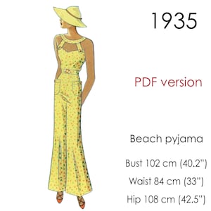 Pigiama da spiaggia anni '30 con pantaloni a gamba larga e top separato con spalline, taglia vintage, busto 102 cm (40,2")
