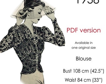 1930s Blouse pattern, Original vintage size for bust 108 cm (42"- 43"). Featuring: front bust gathers, buttons, fitted waist & long sleeves