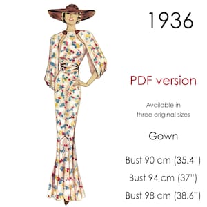 1930s long gown pattern with cape-sleeves, round neckline and a slim skirt with godets. Original vintage sizes for busts: 90-98 cm (35&quot;-39&quot;)