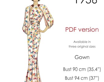 1930s long gown pattern. Slim skirt with godets, cape-sleeve. Original vintage sizes busts: 90-98 cm (35"-39")