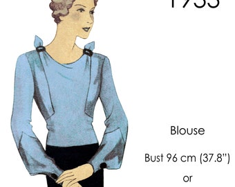 1930s Blouse sewing pattern with front panels. 1933 Art deco styling. Original vintage for bust sizes 96 and 108 cm / 37"-38" & 42.5"