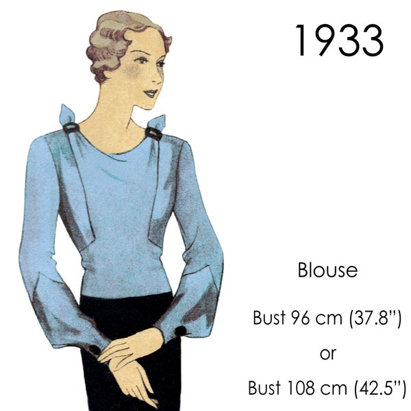 1930s Blouse sewing pattern with front panels. 1933 Art deco styling. Original vintage for bust sizes 96 and 108 cm / 37"-38" & 42.5"