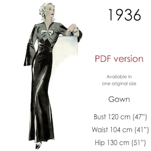 1930s long gown pattern with long sleeves, V-neckline and stand-up collar. Original vintage size for bust 120 cm (47&quot;)